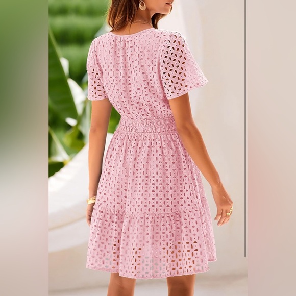 PRETTYGARDEN Short Dress V Neck Short Sleeve A Line Hollow Out Lace Ruffle Dress - Picture 2 of 14
